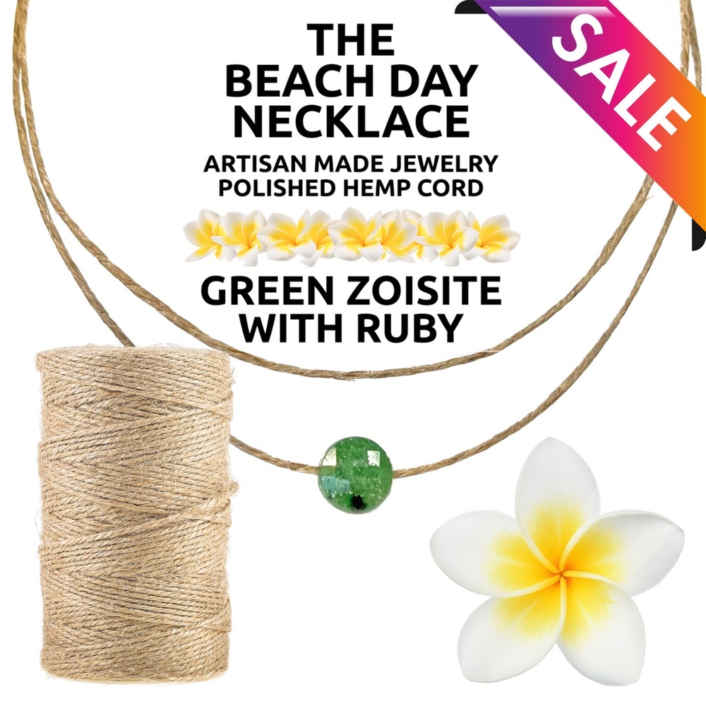 Island Sunset Artisan Beach Day Hemp Necklace-Green Zoisite W/Ruby Slider 10MM
